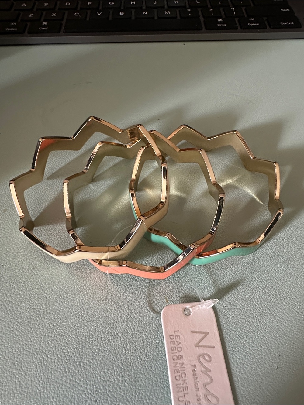Nene Gold-Tone Scalloped Bangle Set with Coral and Mint Enamel